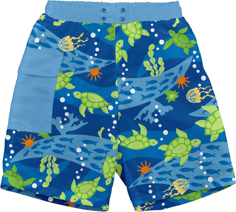 Green Sprouts | Board Shorts with Built-in Reusable Absorbent Swim Diaper - Royal Blue Turtle Journey