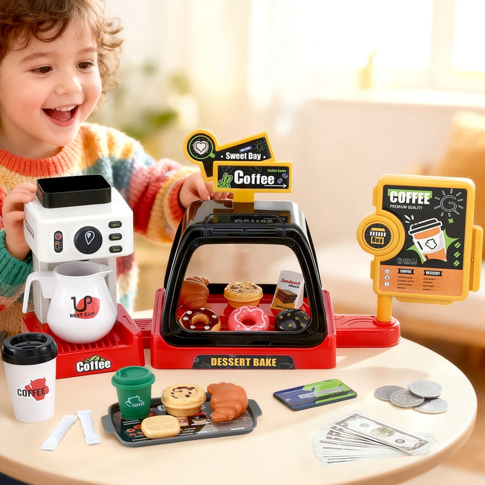 Keezi Kids Pretend Role Play Toy Coffee Shop Set – Coffee Maker, Play Money, Food & Tea Party Accessories