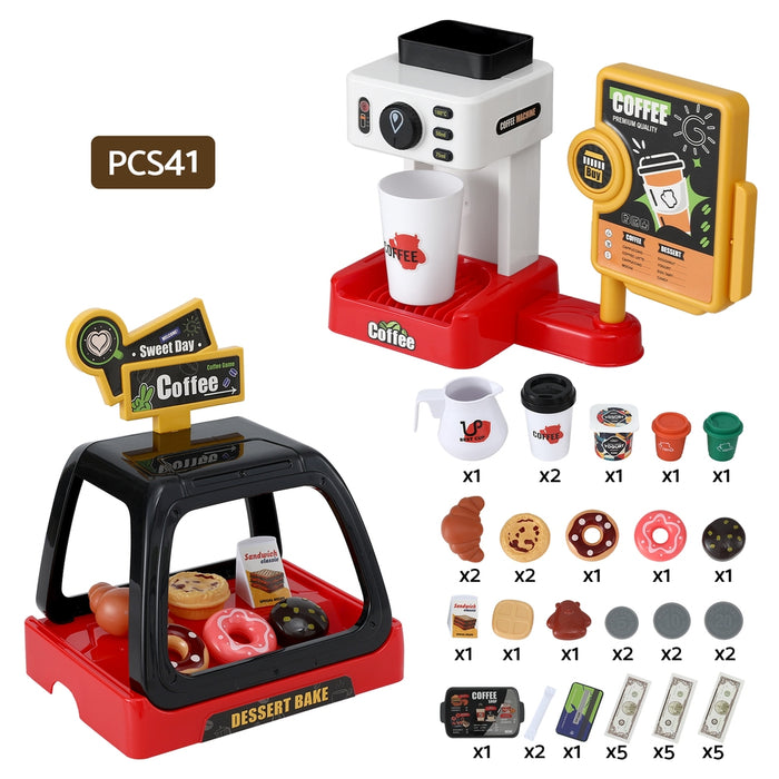 Keezi Kids Pretend Role Play Toy Coffee Shop Set – Coffee Maker, Play Money, Food & Tea Party Accessories