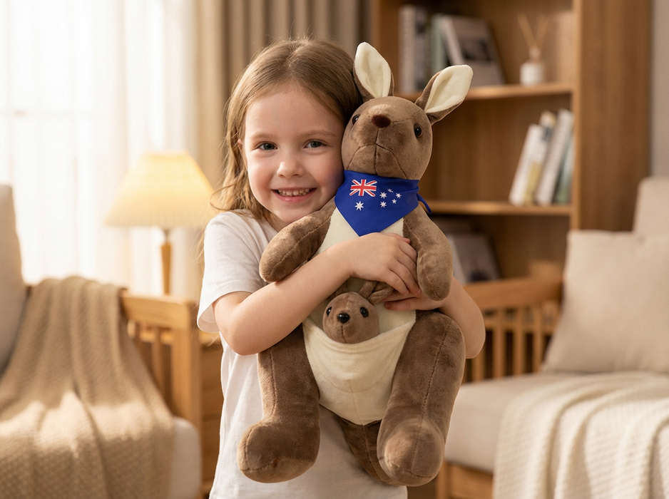 Kangaroo Plush Toy with Joey & Australia Scarf – Soft Cuddly Stuffed Animal (32cm)