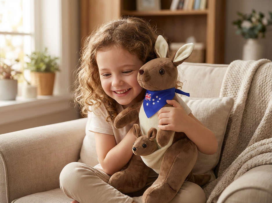 Kangaroo Plush Toy with Joey & Australia Scarf – Soft Cuddly Stuffed Animal (32cm)