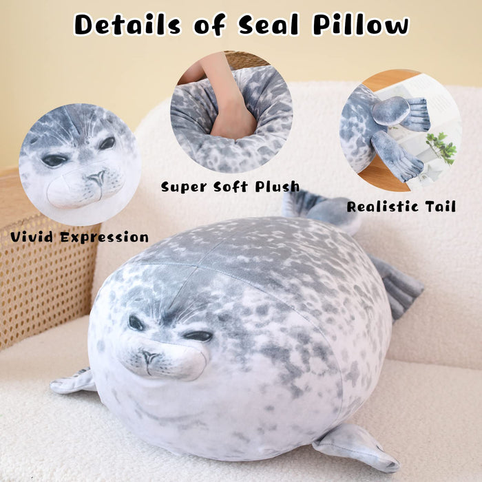 Grey Chubby Seal Plush Pillow with 4 Baby Seals – Soft Stuffed Animal & Hug Cushion