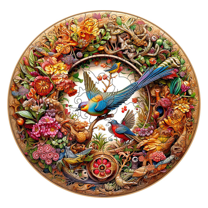 Wooden Jigsaw Puzzle - Garden Birds Vibrant Nature-Themed Circular Artwork(L-paper box-H188)