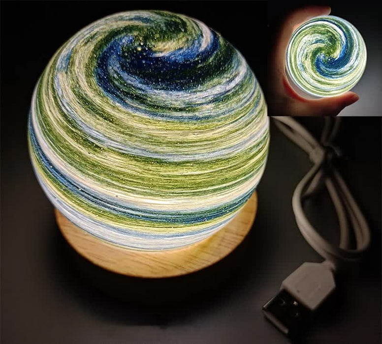 LED Planet Night Light with Wooden Base, USB Rechargeable - Aurora