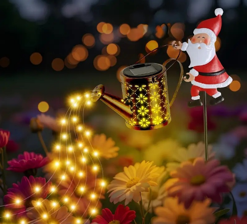 Solar Powered Christmas Garden Stake - Metal Santa with Watering Can &  LED Waterfall - 82cm Outdoor Yard Decoration