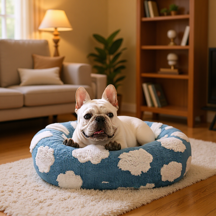 Pet Donut Bed - 50cm Round Pet Bed Blue Sky & Clouds Design