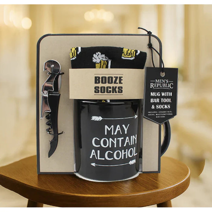 Novelty Mug + Sock + Bar Multitool Gift Set — “May Contain Alcohol”
