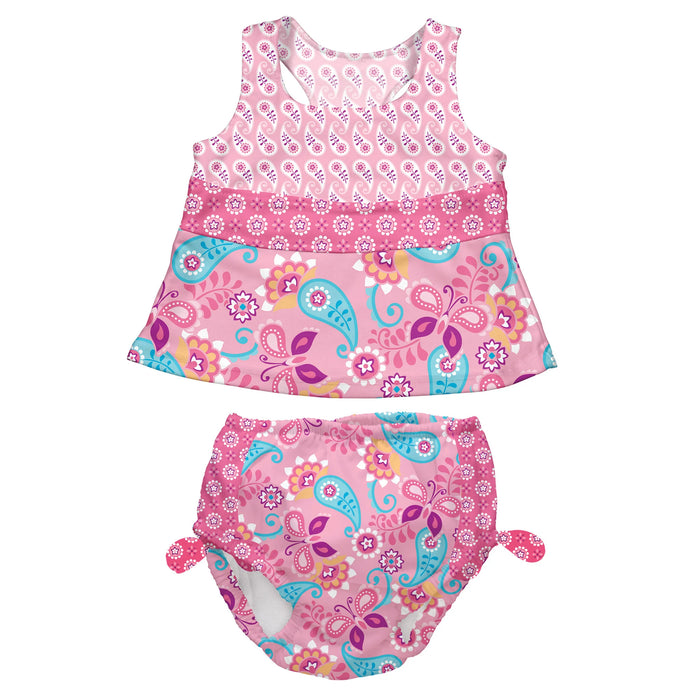 i.play | Ruffle Tankini Swimsuit Set with Snap Reusable Absorbent Swim Diaper- Pink Paisley