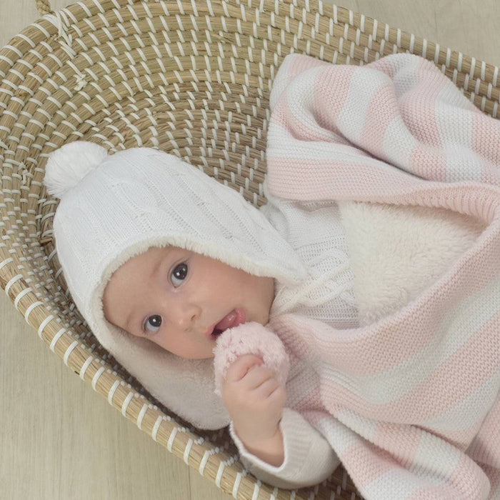 Cable Knit Sherpa Pompom Beanie - Pure white 0-6mths - Lozza’s Gifts & Homewares 